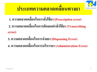 ประเภทความคลาดเคลื่อนทางยา
1. ความคลาดเคลื่อนในการสั่งใช้ยา (Prescription error)
2. ความคลาดเคลื่อนในการคัดลอกคาสั่งใช้ยา (Transcribing
error)
3. ความคลาดเคลื่อนในการจ่ายยา (Dispensing Error)
4. ความคลาดเคลื่อนในการบริหารยา (Administration Error)
15-Aug-14 3
 