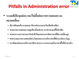Pitfalls in Administration error
• ระบบที่เป็นจุดอ่อน และไม่เอื้อต่อการตรวจสอบความ
คลาดเคลื่อน
– มีการคัดลอกในระบบมาก มีการฝากงานจากวิชาชีพข้างเคียง
– ขาดการตรวจสอบความถูกต้องตั้งแต่แรก การสารองยาที่ไม่จาเป็น
– ขาดการวางแนวทางการรับคาสั่งโดยเฉพาะการจัดการยาที่มีความเสี่ยงสูง
– ขาดระบบการตรวจสอบอิสระโดยเฉพาะการบริหารยาที่ต้องระมัดระวังสูง
– การจัดยาก่อนการบริหารยาเป็นเวลานาน การลงนามบริหารยาที่ไม่ใช่เวลาจริง
15-Aug-14 39
 