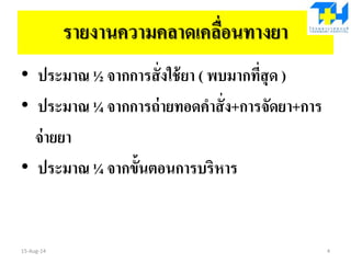 รายงานความคลาดเคลื่อนทางยา
• ประมาณ ½ จากการสั่งใช้ยา ( พบมากที่สุด )
• ประมาณ ¼ จากการถ่ายทอดคาสั่ง+การจัดยา+การ
จ่ายยา
• ประมาณ ¼ จากขั้นตอนการบริหารยา
15-Aug-14 4
 