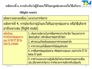 หลักการที่ 4. การประกันว่าผู้ป่ วยจะได้รับยาถูกช่องทางหรือวิธีบริหาร
(Right route)
ยาที่เหมาะสม (Right route)
15-Aug-14 49
 