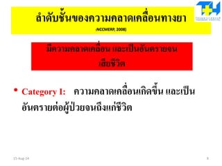 ลาดับชั้นของความคลาดเคลื่อนทางยา
(NCCMERP, 2008)
• Category I: มีความคลาดเคลื่อนเกิดขึ้น และเป็น
อันตรายต่อผู้ป่ วยจนถึงแก่ชีวิต
15-Aug-14 8
มีความคลาดเคลื่อน และเป็นอันตรายจน
เสียชีวิต
 