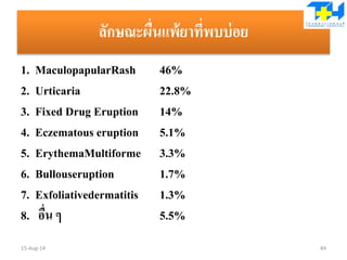 ลักษณะผื่นแพ้ยาที่พบบ่อย
1. MaculopapularRash 46%
2. Urticaria 22.8%
3. Fixed Drug Eruption 14%
4. Eczematous eruption 5.1%
5. ErythemaMultiforme 3.3%
6. Bullouseruption 1.7%
7. Exfoliativedermatitis 1.3%
8. อื่น ๆ 5.5%
15-Aug-14 84
 
