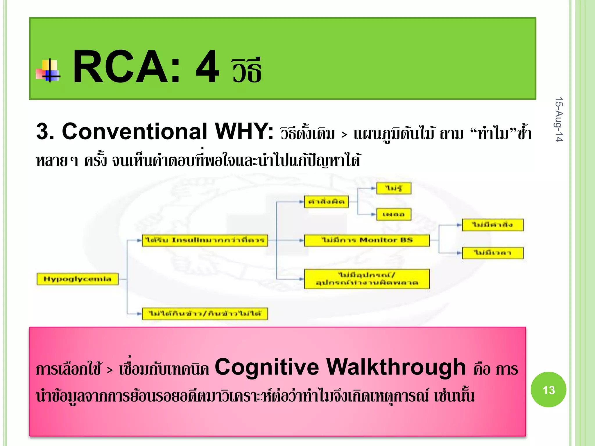 RCA: 4 วิธี
15-Aug-14
13
3. Conventional WHY: วิธีดั้งเดิม > แผนภูมิต้นไม้ ถาม “ทาไม”ซ้า
หลายๆ ครั้ง จนเห็นคาตอบที่พอใจและนาไปแก้ปัญหาได้
3. Conventional WHY: วิธีดั้งเดิม > แผนภูมิต้นไม้ ถาม “ทาไม”ซ้า
หลายๆ ครั้ง จนเห็นคาตอบที่พอใจและนาไปแก้ปัญหาได้
การเลือกใช้ > เชื่อมกับเทคนิค Cognitive Walkthrough คือ การ
นาข้อมูลจากการย้อนรอยอดีตมาวิเคราะห์ต่อว่าทาไมจึงเกิดเหตุการณ์ เช่นนั้น
 