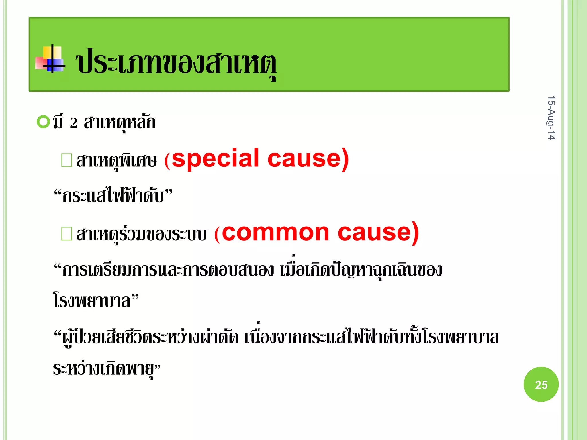 ประเภทของสาเหตุ
มี 2 สาเหตุหลัก
สาเหตุพิเศษ (special cause)
“กระแสไฟฟ้ าดับ”
สาเหตุร่วมของระบบ (common cause)
“การเตรียมการและการตอบสนอง เมื่อเกิดปัญหาฉุกเฉินของ
โรงพยาบาล”
“ผู้ป่ วยเสียชีวิตระหว่างผ่าตัด เนื่องจากกระแสไฟฟ้ าดับทั้งโรงพยาบาล
ระหว่างเกิดพายุ”
15-Aug-14
25
 