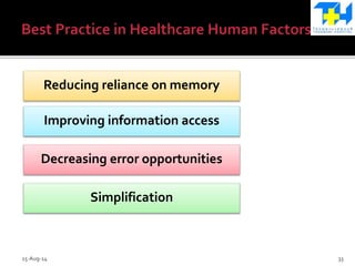 Reducing reliance on memory
Improving information access
Decreasing error opportunities
Simplification
15-Aug-14 33
 
