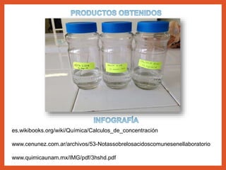 es.wikibooks.org/wiki/Química/Calculos_de_concentración
www.cenunez.com.ar/archivos/53-Notassobrelosacidoscomunesenellaboratorio
www.quimicaunam.mx/IMG/pdf/3hshd.pdf
 