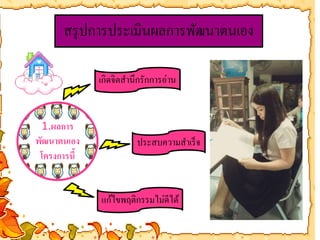 สรุปการประเมินผลการพัฒนาตนเอง 
1.ผลการ 
พัฒนาตนเอง 
โครงการนี้ 
เกิดจิตสานึกรักการอ่าน 
ประสบความสาเร็จ 
แก้ไขพฤติกรรมไม่ดีได้ 
 