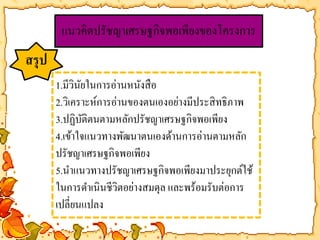 แนวคิดปรัชญา๶ศรษฐกิจพอเพียงของโครงการ 
สรุป 
1.มีวินัยในการอ่านหนังสือ 
2.วิเคราะห์การอ่านของตนเองอย่างมีประสิทธิภาพ 
3.ปฏิบัติตนตามหลักปรัชญา๶ศรษฐกิจพอเพียง 
4.เข้าใจแนวทางพัฒนาตนเองด้านการอ่านตามหลัก 
ปรัชญา๶ศรษฐกิจพอเพียง 
5.นาแนวทางปรัชญา๶ศรษฐกิจพอเพียงมาประยุกต์ใช้ 
ในการดา เนินชีวิตอย่างสมดุล และพร้อมรับต่อการ 
เปลี่ยนแปลง 
 