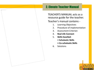 2. Elevate Teacher Manual 
TEACHER'S MANUAL acts as a 
resource guide for the teacher. 
Teacher's manual contains - 
1. Learning Objectives 
2. Procedure of implementation 
3. Assessment Criterion 
4. Real Life Connect 
5. Skills Excelled - 
• Scholastic Skills 
• Co-scholastic Skills 
6. Solutions 
15 
 