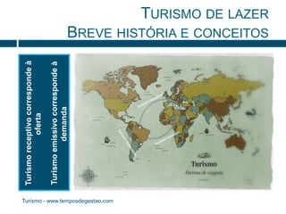 TURISMO DE LAZER 
BREVE HISTÓRIA E CONCEITOS 
•Turismo receptivo corresponde à 
oferta 
•Turismo emissivo corresponde à 
demanda 
Turismo - www.temposdegestao.com 
 