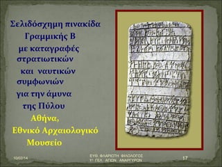 Σελιδόσχημη πινακίδα 
Γραμμικής Β 
με καταγραφές 
στρατιωτικών 
και ναυτικών 
συμφωνιών 
για την άμυνα 
της Πύλου 
Αθήνα, 
Εθνικό Αρχαιολογικό 
Μουσείο 
10/02/14 ΕΥΘ. ΦΛΑΡΙΩΤΗ ΦΙΛΟΛΟΓΟΣ 
1Ο ΓΕΛ ΑΓΙΩΝ ΑΝΑΡΓΥΡΩΝ 17 
 