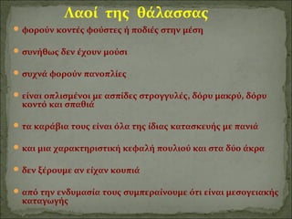 Λαοί της θάλασσας 
φορούν κοντές φούστες ή ποδιές στην μέση 
συνήθως δεν έχουν μούσι 
συχνά φορούν πανοπλίες 
είναι οπλισμένοι με ασπίδες στρογγυλές, δόρυ μακρύ, δόρυ 
κοντό και σπαθιά 
τα καράβια τους είναι όλα της ίδιας κατασκευής με πανιά 
και μια χαρακτηριστική κεφαλή πουλιού και στα δύο άκρα 
δεν ξέρουμε αν είχαν κουπιά 
από την ενδυμασία τους συμπεραίνουμε ότι είναι μεσογειακής 
καταγωγής 
 