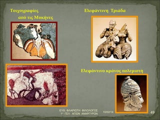 Τοιχογραφίες Ελεφάντινη Τριάδα 
από τις Μυκήνες 
Ελεφάντινο κράνος πολεμιστή 
10/02/14 49 ΕΥΘ. ΦΛΑΡΙΩΤΗ ΦΙΛΟΛΟΓΟΣ 
1Ο ΓΕΛ ΑΓΙΩΝ ΑΝΑΡΓΥΡΩΝ 
 