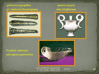 χάλκινα εγχειρίδια τρίωτο αγγείο 
με ευπίεστη διακόσμηση από αλάβαστρο 
Το ρυτό «πάπιας» 
από ορεία κρύσταλλο 
10/02/14 55 ΕΥΘ. ΦΛΑΡΙΩΤΗ ΦΙΛΟΛΟΓΟΣ 
1Ο ΓΕΛ ΑΓΙΩΝ ΑΝΑΡΓΥΡΩΝ 
 