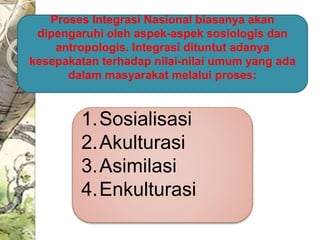 Proses Integrasi Nasional biasanya akan 
dipengaruhi oleh aspek-aspek sosiologis dan 
antropologis. Integrasi dituntut adanya 
kesepakatan terhadap nilai-nilai umum yang ada 
dalam masyarakat melalui proses: 
1.Sosialisasi 
2.Akulturasi 
3.Asimilasi 
4.Enkulturasi 
 