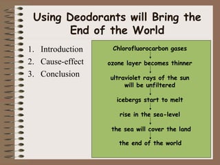 Using Deodorants will Bring the 
End of the World 
1. Introduction 
2. Cause-effect 
3. Conclusion 
Chlorofluorocarbon gases 
ozone layer becomes thinner 
ultraviolet rays of the sun 
will be unfiltered 
icebergs start to melt 
rise in the sea-level 
the sea will cover the land 
the end of the world 
