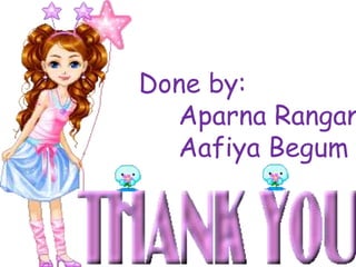 Done by: 
Aparna Ranganadh 
Aafiya Begum 
