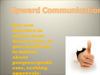 • It is non
directive in
nature from
down below, to
give feedback,
to inform
about
progress/probl
ems, seeking
approvals.
 