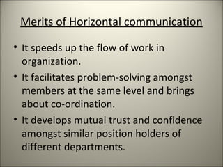 Merits of Horizontal communication
• It speeds up the flow of work in
organization.
• It facilitates problem-solving amongst
members at the same level and brings
about co-ordination.
• It develops mutual trust and confidence
amongst similar position holders of
different departments.
 