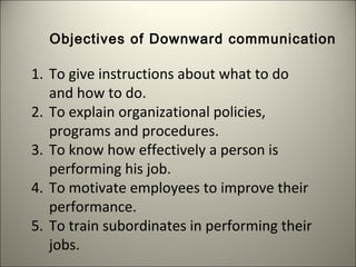 Objectives of Downward communication
1. To give instructions about what to do
and how to do.
2. To explain organizational policies,
programs and procedures.
3. To know how effectively a person is
performing his job.
4. To motivate employees to improve their
performance.
5. To train subordinates in performing their
jobs.
 