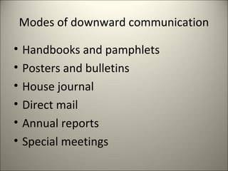 Modes of downward communication
• Handbooks and pamphlets
• Posters and bulletins
• House journal
• Direct mail
• Annual reports
• Special meetings
 