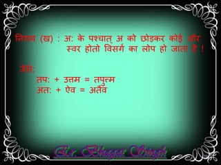 ननयर् (ख) : अ: के पश्चतत ्अ को छोड़कर कोई और 
स्िर होतो वि गा कत लोप हो जततत है ! 
जै े: 
तप: + उत्तर् = तपुत्त्र् 
अत: + ऐि = अतैि 
78 
 