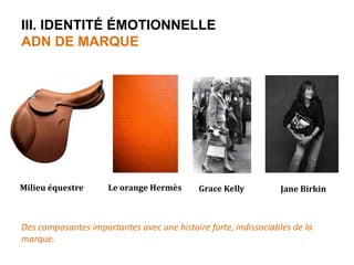 III. IDENTITÉ ÉMOTIONNELLE 
ADN DE MARQUE 
Milieu équestre Le orange Hermès Grace Kelly Jane Birkin 
Des composantes importantes avec une histoire forte, indissociables de la 
marque. 
 