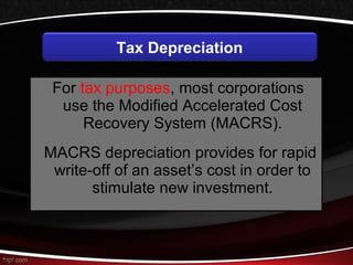 For tax purposes, most corporations 
use the Modified Accelerated Cost 
Recovery System (MACRS). 
MACRS depreciation provides for rapid 
write-off of an asset’s cost in order to 
stimulate new investment. 
9-19 
Tax Depreciation 
 