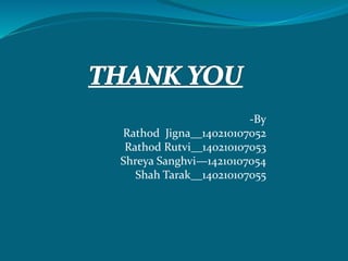 -By 
Rathod Jigna__140210107052 
Rathod Rutvi__140210107053 
Shreya Sanghvi—14210107054 
Shah Tarak__140210107055 
