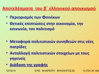 Αποτελέσματα του β΄ ελληνικού αποικισμού 
• Περιορισμός των Φοινίκων 
• Θετικές επιπτώσεις στην οικονομία, την 
κοινωνία, τον πολιτισμό 
• Μεταφορά πολιτιστικών συνηθειών στις νέες 
πατρίδες 
• Ανταλλαγή πολιτιστικών στοιχείων με τους 
γηγενείς 
• Διάδοση της γραφής 
12/10/14 ΕΥΘ. ΦΛΑΡΙΩΤΗ ΦΙΛΟΛΟΓΟΣ 2 0 1ο ΓΕΛ ΑΓ ΑΝΑΡΓΥΡΩΝ 
 