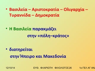 • Βασιλεία – Αριστοκρατία – Ολιγαρχία – 
Τυραννίδα – Δημοκρατία 
• Η Βασιλεία παρακμάζει 
στην «πόλη–κράτος» 
• διατηρείται 
στην Ήπειρο και Μακεδονία 
12/10/14 ΕΥΘ. ΦΛΑΡΙΩΤΗ ΦΙΛΟΛΟΓΟΣ 2 6 1ο ΓΕΛ ΑΓ ΑΝΑΡΓΥΡΩΝ 
 