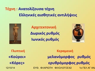 Τέχνη : Ανατολίζουσα τέχνη 
Ελληνικές αισθητικές αντιλήψεις 
Αρχιτεκτονική 
Δωρικός ρυθμός 
Ιωνικός ρυθμός 
Γλυπτική Κεραμεική 
«Κούροι» μελανόμορφος ρυθμός 
«Κόρες» ερυθρόμορφος ρυθμός 
12/10/14 ΕΥΘ. ΦΛΑΡΙΩΤΗ ΦΙΛΟΛΟΓΟΣ 6 2 1ο ΓΕΛ ΑΓ ΑΝΑΡΓΥΡΩΝ 
 