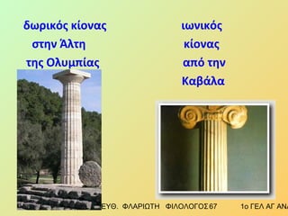 δωρικός κίονας ιωνικός 
στην Άλτη κίονας 
της Ολυμπίας από την 
Καβάλα 
12/10/14 ΕΥΘ. ΦΛΑΡΙΩΤΗ ΦΙΛΟΛΟΓΟΣ 6 7 1ο ΓΕΛ ΑΓ ΑΝΑΡΓΥΡΩΝ 
 