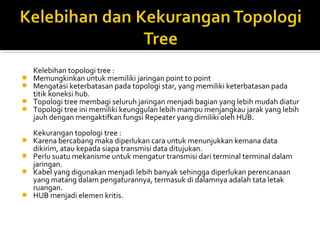 Kelebihan topologi tree : 
? Memungkinkan untuk memiliki jaringan point to point 
? Mengatasi keterbatasan pada topologi star, yang memiliki keterbatasan pada 
titik koneksi hub. 
? Topologi tree membagi seluruh jaringan menjadi bagian yang lebih mudah diatur 
? Topologi tree ini memiliki keunggulan lebih mampu menjangkau jarak yang lebih 
jauh dengan mengaktifkan fungsi Repeater yang dimiliki oleh HUB. 
Kekurangan topologi tree : 
? Karena bercabang maka diperlukan cara untuk menunjukkan kemana data 
dikirim, atau kepada siapa transmisi data ditujukan. 
? Perlu suatu mekanisme untuk mengatur transmisi dari terminal terminal dalam 
jaringan. 
? Kabel yang digunakan menjadi lebih banyak sehingga diperlukan perencanaan 
yang matang dalam pengaturannya, termasuk di dalamnya adalah tata letak 
ruangan. 
? HUB menjadi elemen kritis. 
 