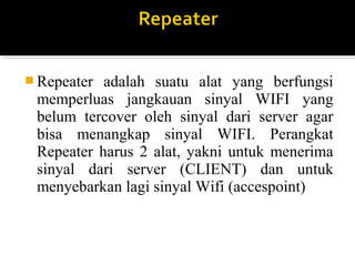?Repeater adalah suatu alat yang berfungsi 
memperluas jangkauan sinyal WIFI yang 
belum tercover oleh sinyal dari server agar 
bisa menangkap sinyal WIFI. Perangkat 
Repeater harus 2 alat, yakni untuk menerima 
sinyal dari server (CLIENT) dan untuk 
menyebarkan lagi sinyal Wifi (accespoint) 
 