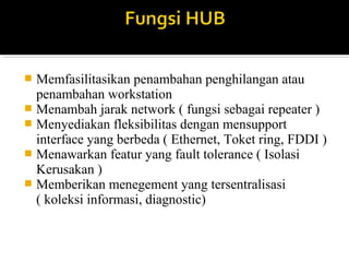 ? Memfasilitasikan penambahan penghilangan atau 
penambahan workstation 
? Menambah jarak network ( fungsi sebagai repeater ) 
? Menyediakan fleksibilitas dengan mensupport 
interface yang berbeda ( Ethernet, Toket ring, FDDI ) 
? Menawarkan featur yang fault tolerance ( Isolasi 
Kerusakan ) 
? Memberikan menegement yang tersentralisasi 
( koleksi informasi, diagnostic) 
 