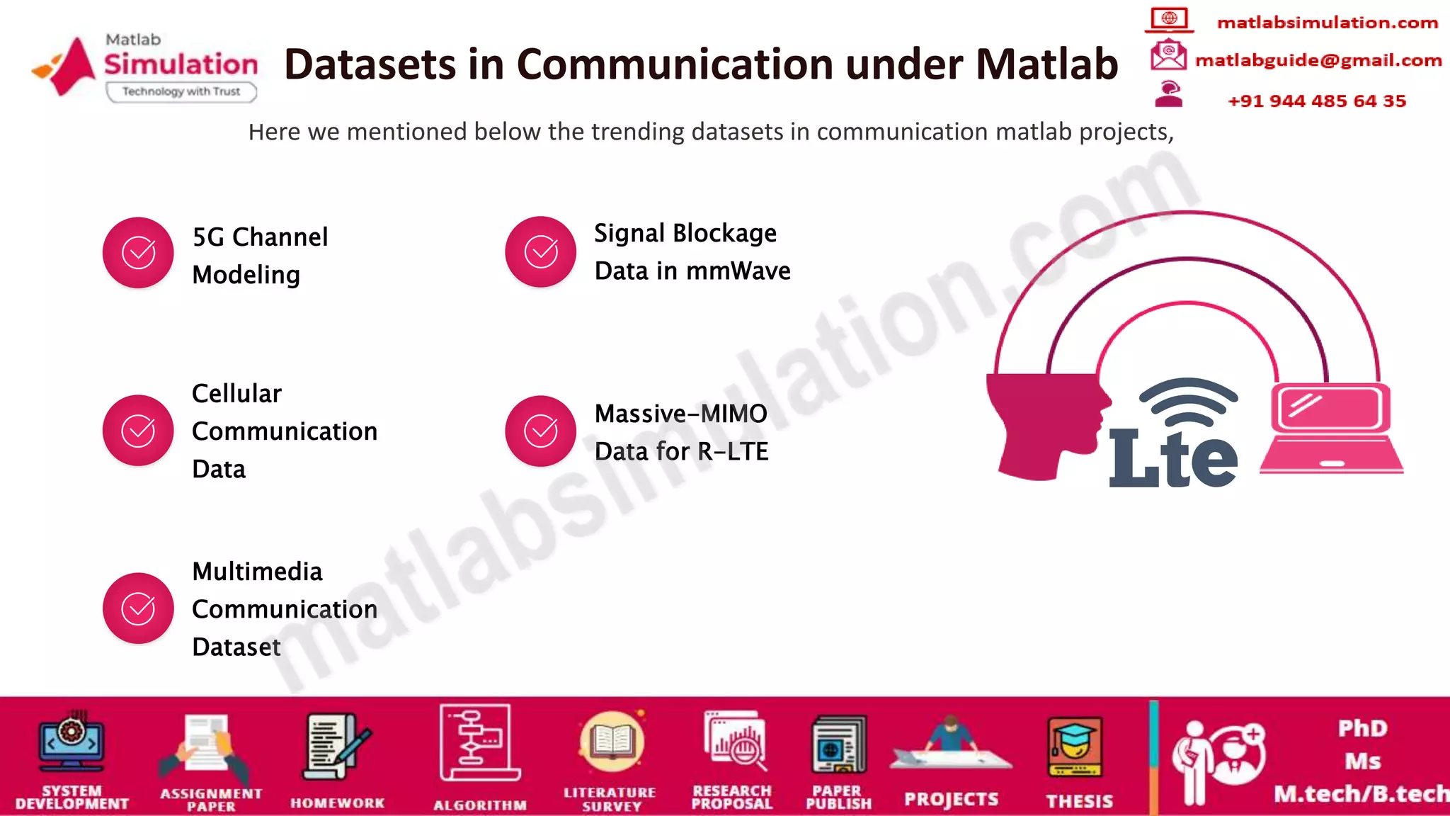 Datasets in Communication under Matlab
Here we mentioned below the trending datasets in communication matlab projects,
5G Channel
Modeling
Signal Blockage
Data in mmWave
Cellular
Communication
Data
Massive-MIMO
Data for R-LTE
Multimedia
Communication
Dataset