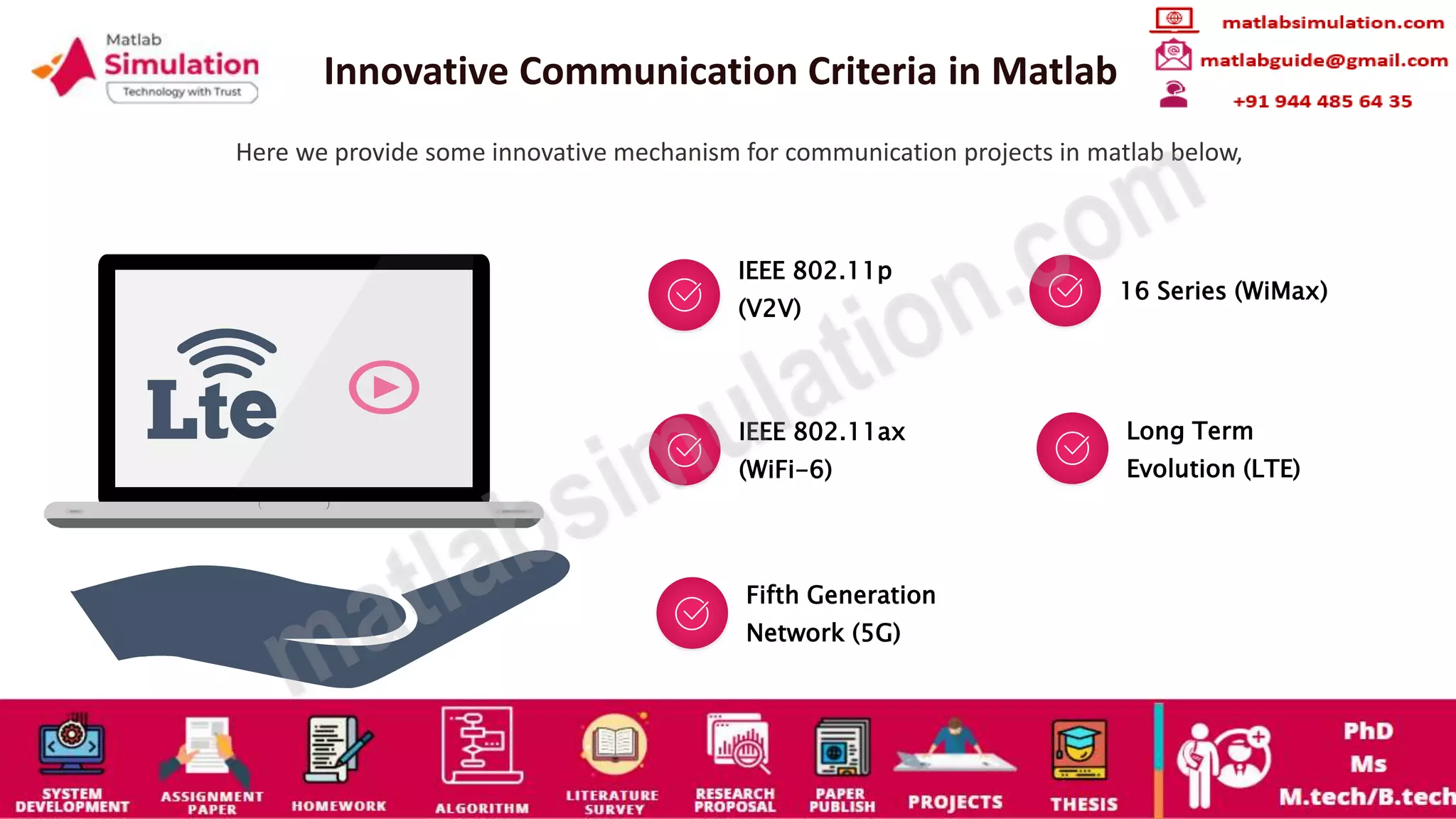 Innovative Communication Criteria in Matlab
Here we provide some innovative mechanism for communication projects in matlab below,
IEEE 802.11p
(V2V)
16 Series (WiMax)
IEEE 802.11ax
(WiFi-6)
Long Term
Evolution (LTE)
Fifth Generation
Network (5G)