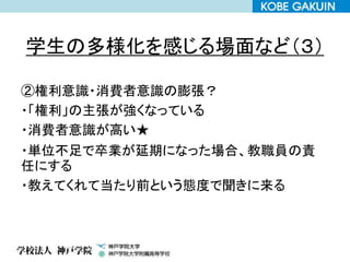 学生の多様化を感じる場面など（３）
②権利意識・消費者意識の膨張？
・「権利」の主張が強くなっている
・消費者意識が高い★
・単位不足で卒業が延期になった場合、教職員の責
任にする
・教えてくれて当たり前という態度で聞きに来る
 