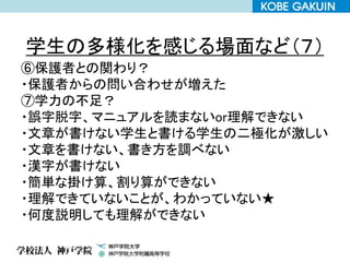 学生の多様化を感じる場面など（７）
⑥保護者との関わり？
・保護者からの問い合わせが増えた
⑦学力の不足？
・誤字脱字、マニュアルを読まないor理解できない
・文章が書けない学生と書ける学生の二極化が激しい
・文章を書けない、書き方を調べない
・漢字が書けない
・簡単な掛け算、割り算ができない
・理解できていないことが、わかっていない★
・何度説明しても理解ができない
 