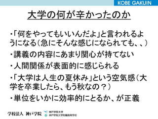 大学の何が辛かったのか
・「何をやってもいいんだよ」と言われるよ
うになる（急にそんな感じになられても、、）
・講義の内容にあまり関心が持てない
・人間関係が表面的に感じられる
・「大学は人生の夏休み」という空気感（大
学を卒業したら、もう秋なの？）
・単位をいかに効率的にとるか、が正義
 