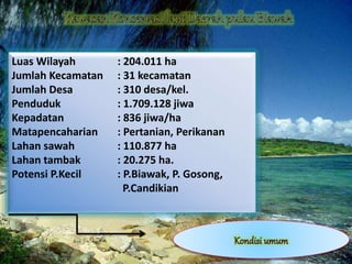 Luas Wilayah : 204.011 ha
Jumlah Kecamatan : 31 kecamatan
Jumlah Desa : 310 desa/kel.
Penduduk : 1.709.128 jiwa
Kepadatan : 836 jiwa/ha
Matapencaharian : Pertanian, Perikanan
Lahan sawah : 110.877 ha
Lahan tambak : 20.275 ha.
Potensi P.Kecil : P.Biawak, P. Gosong,
P.Candikian
 