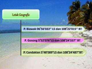 P. Biawak 06°56’022’’ LS dan 108°22’015’’ BT
P. Gosong 5°52’076”LS dan 108°24’337’’ BT
P. Candakian 5°48’089”LS dan 108°24’487’’BT
 