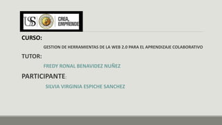 CURSO:
GESTION DE HERRAMIENTAS DE LA WEB 2.0 PARA EL APRENDIZAJE COLABORATIVO
TUTOR:
FREDY RONAL BENAVIDEZ NUÑEZ
PARTICIPANTE:
SILVIA VIRGINIA ESPICHE SANCHEZ
 
