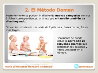 2. El Método Doman
Posteriormente se pueden ir añadiendo nuevas categorías con sus
5 fichas correspondientes, a la vez que el tamaño también va
disminuyendo.
Se van introduciendo una serie de 2 palabras, frases cortas, frases
más largas…
Finalmente se puede
incluir la narración de
pequeños cuentos que
contengan las palabras y
frases utilizadas en el
método.
María Inmaculada Manzano Villarrubia @imanzavil
 