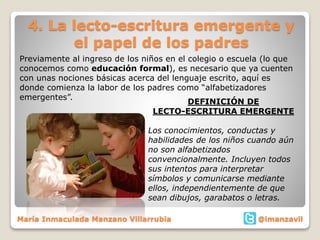 4. La lecto-escritura emergente y
el papel de los padres
Previamente al ingreso de los niños en el colegio o escuela (lo que
conocemos como educación formal), es necesario que ya cuenten
con unas nociones básicas acerca del lenguaje escrito, aquí es
donde comienza la labor de los padres como “alfabetizadores
emergentes”.
DEFINICIÓN DE
LECTO-ESCRITURA EMERGENTE
Los conocimientos, conductas y
habilidades de los niños cuando aún
no son alfabetizados
convencionalmente. Incluyen todos
sus intentos para interpretar
símbolos y comunicarse mediante
ellos, independientemente de que
sean dibujos, garabatos o letras.
María Inmaculada Manzano Villarrubia @imanzavil
 