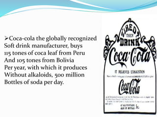 Coca-cola the globally recognized
Soft drink manufacturer, buys
115 tones of coca leaf from Peru
And 105 tones from Bolivia
Per year, with which it produces
Without alkaloids, 500 million
Bottles of soda per day.
 