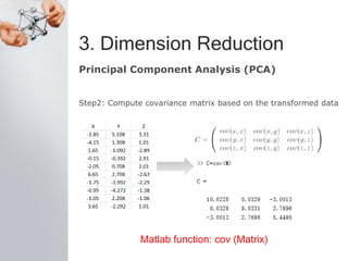 3. Dimension Reduction
Principal Component Analysis (PCA)
Step2: Compute covariance matrix based on the transformed data
Matlab function: cov (Matrix)
 