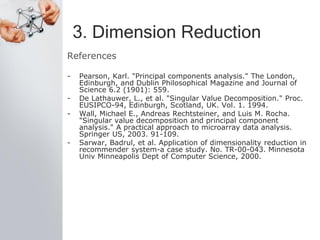 3. Dimension Reduction
References
- Pearson, Karl. "Principal components analysis." The London,
Edinburgh, and Dublin Philosophical Magazine and Journal of
Science 6.2 (1901): 559.
- De Lathauwer, L., et al. "Singular Value Decomposition." Proc.
EUSIPCO-94, Edinburgh, Scotland, UK. Vol. 1. 1994.
- Wall, Michael E., Andreas Rechtsteiner, and Luis M. Rocha.
"Singular value decomposition and principal component
analysis." A practical approach to microarray data analysis.
Springer US, 2003. 91-109.
- Sarwar, Badrul, et al. Application of dimensionality reduction in
recommender system-a case study. No. TR-00-043. Minnesota
Univ Minneapolis Dept of Computer Science, 2000.
 