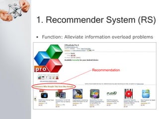 1. Recommender System (RS)
• Function: Alleviate information overload problems
Recommendation
 